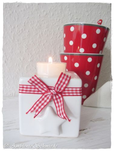 Keramik-Teelichthalter STERN rot weiß Landhausstil Shabby Weihnachten Jul