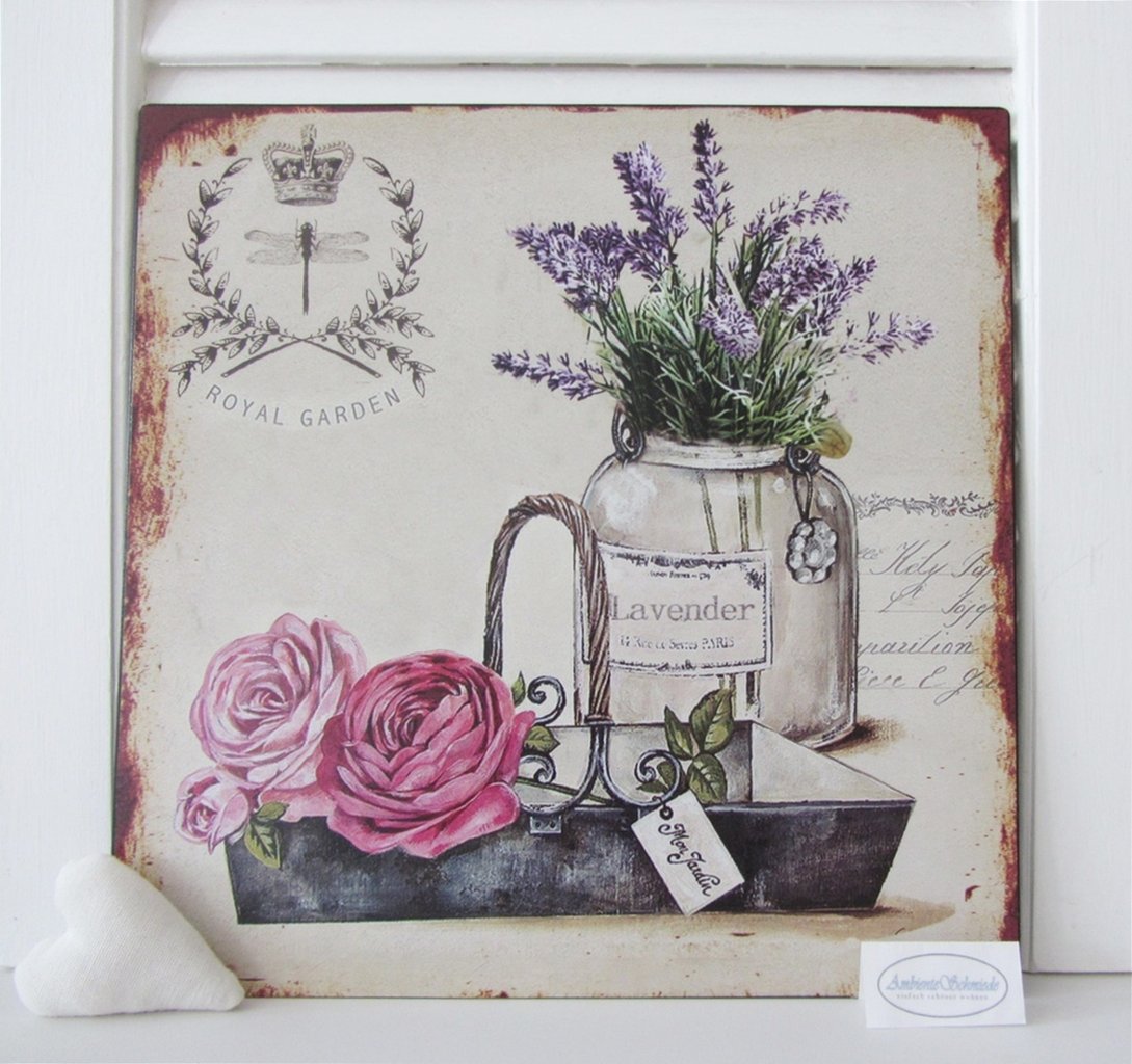 Shabby Blechschild Bild Lavendel Rosen Kanne Tasse Retro Antiklook 30 x 30cm NEU