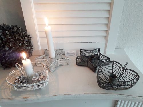Kammerleuchter HERZ / STERN Kerzenleuchter Kerzenhalter weiß / zink-grau Draht Shabby Vintage Skandi