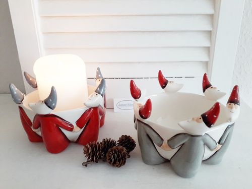 Kerzenleuchter Kerzenhalter Teelichthalter Schale WICHTEL Nisse grau rot Keramik Weihnachten Shabby