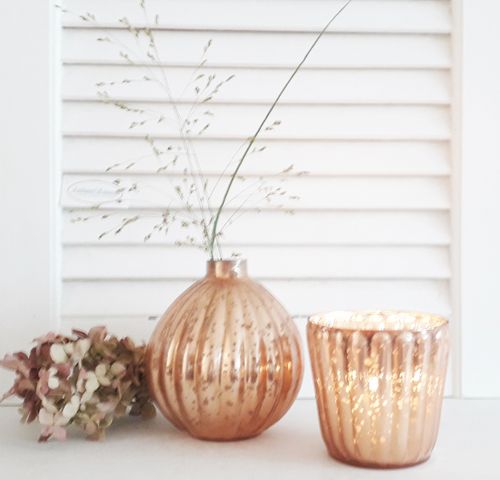 SET Windlicht Teelichthalter Vase HERBSTLICHT lachs-kupfer-rosegold-silber Shabby Landhaus